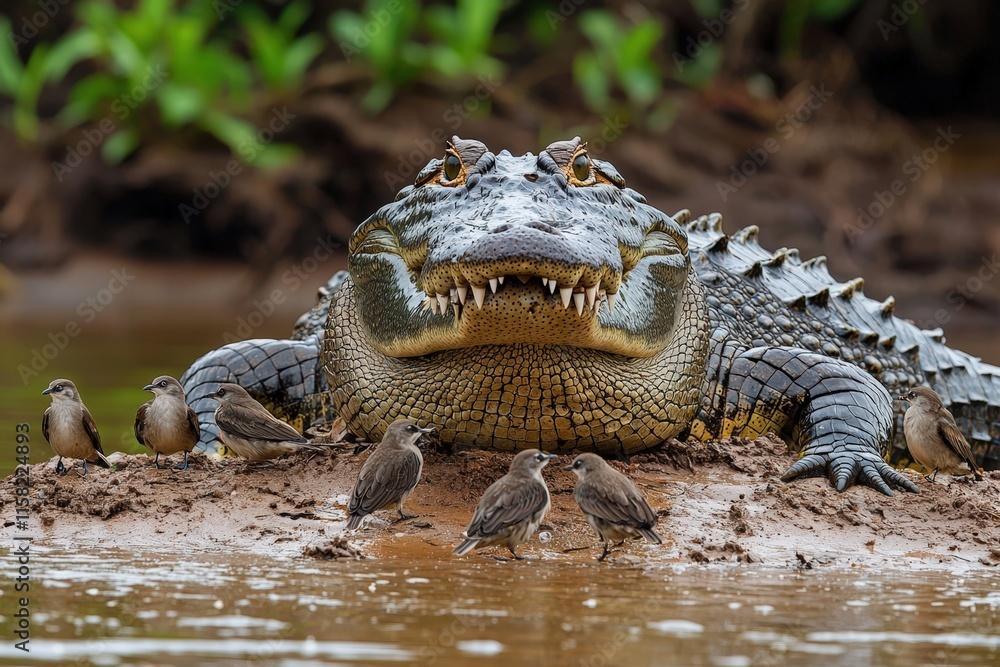Fototapeta premium A large crocodile with its mouth slightly open, basking on a riverbank under the sun, while small birds perch nearby peacefully..