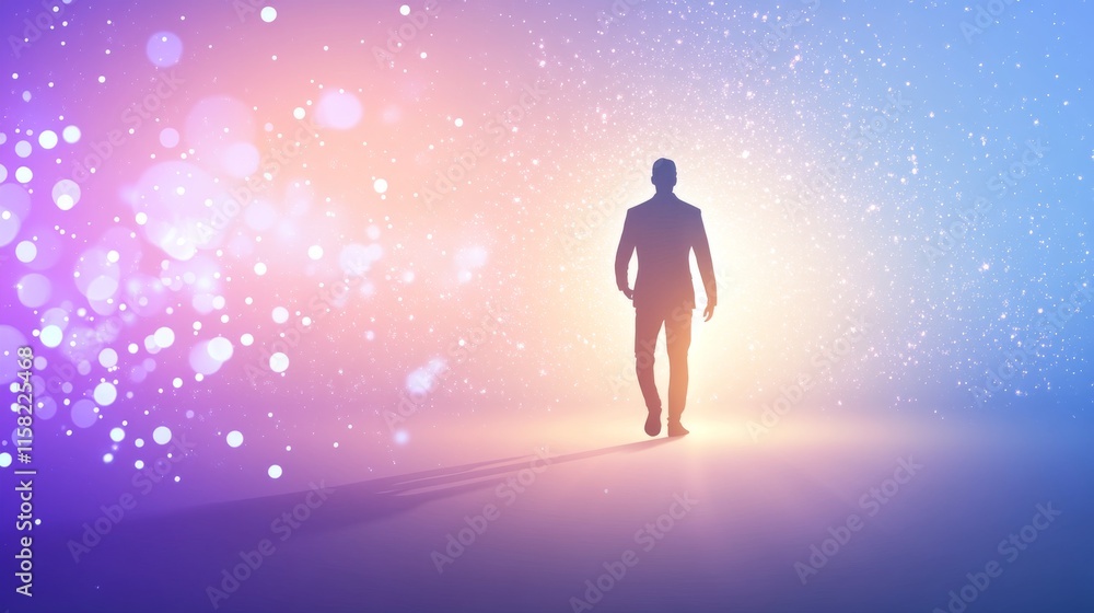 Silhouette of a man walking towards the light. Silhouette of a man walking towards the light.