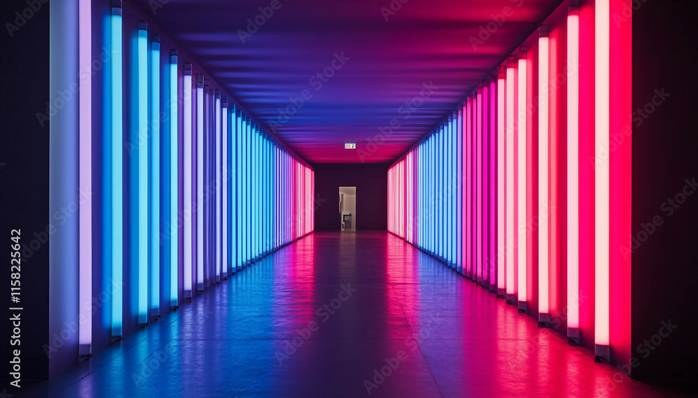 Sleek Black Background Featuring Vertical Gradient Light Stripes Transitioning from Blue to Pink in a Hallway Perspective with a Dynamic Visual Flow and Futuristic Design
Sleek Black Background Featuring Vertical Gradient Light Stripes Transitioning from Blue to Pink in a Hallway Perspective with a Dynamic Visual Flow and Futuristic Design