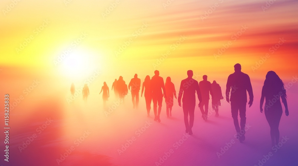 Silhouetted figures walking towards sunset glow. Silhouetted figures walking towards sunset glow.