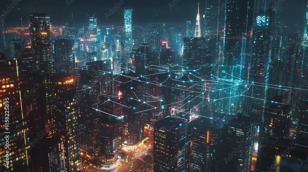 Smart digital Innovation city with connection network reciprocity over the cityscape. of future smart wireless digital city and social media networking systems that connects people with in city Smart digital Innovation city with connection network reciprocity over the cityscape. of future smart wireless digital city and social media networking systems that connects people with in city