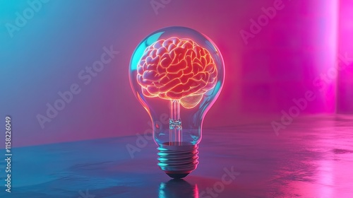 Glowing brain inside a lightbulb on a reflective surface, illuminated by neon lights.