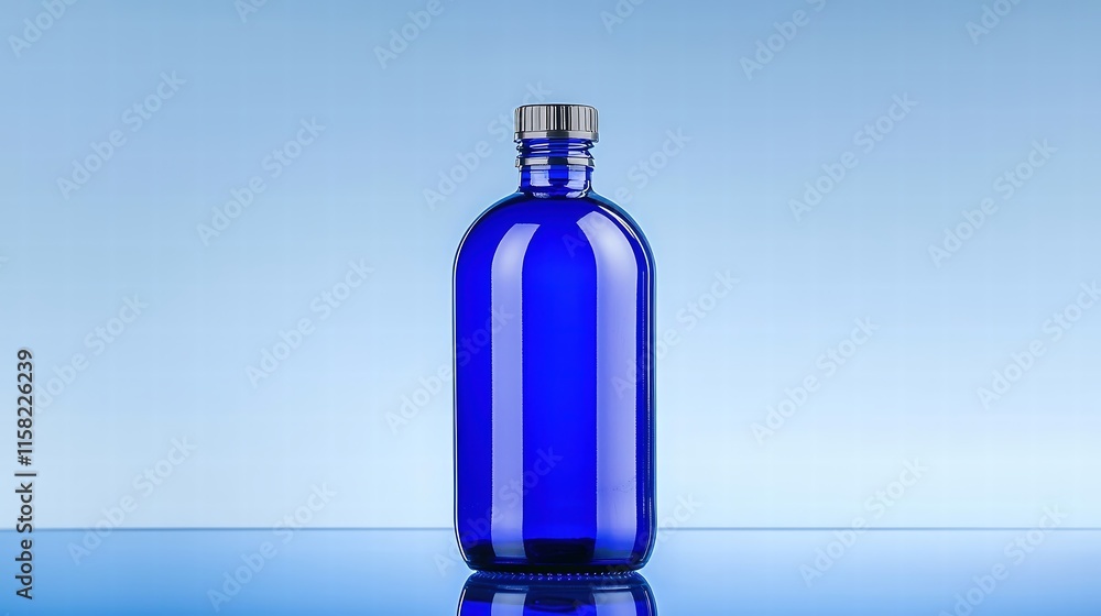 A sleek skipper blue bottle placed on a reflective surface with a gradient blue background, ample copy space for text, professional advertising, balanced composition, A sleek skipper blue bottle placed on a reflective surface with a gradient blue background, ample copy space for text, professional advertising, balanced composition,