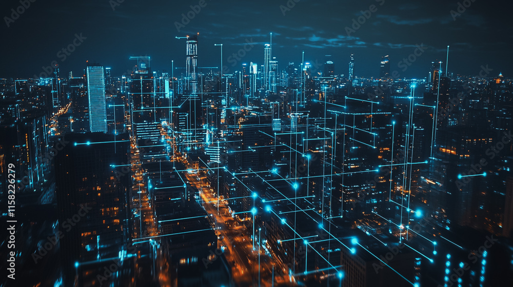 Smart digital Innovation city with connection network reciprocity over the cityscape. of future smart wireless digital city and social media networking systems that connects people with in city Smart digital Innovation city with connection network reciprocity over the cityscape. of future smart wireless digital city and social media networking systems that connects people with in city