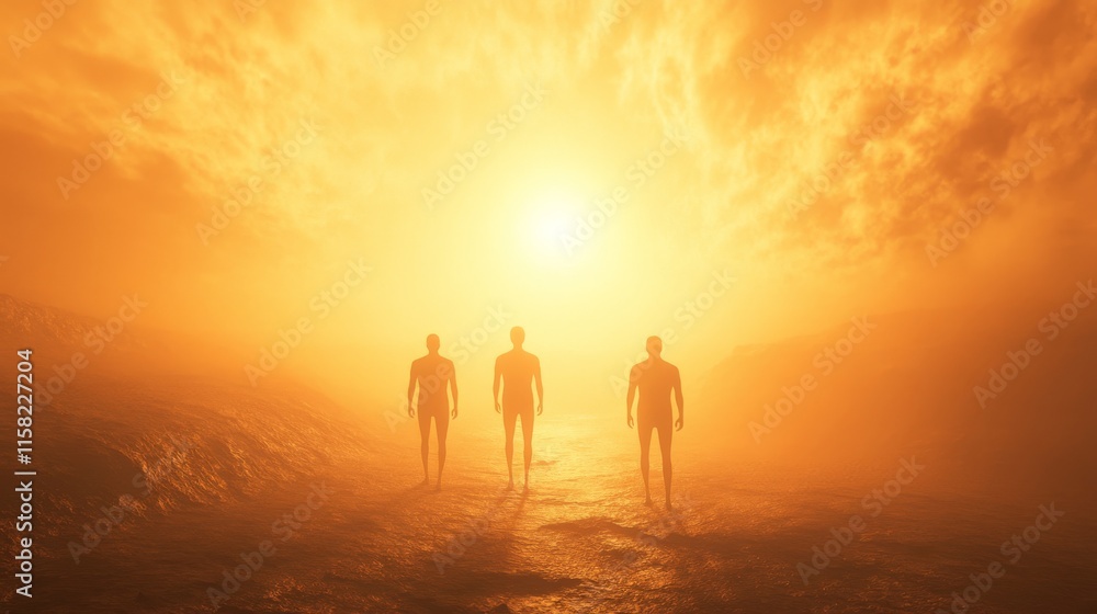 Three figures walking towards a bright horizon. Three figures walking towards a bright horizon.