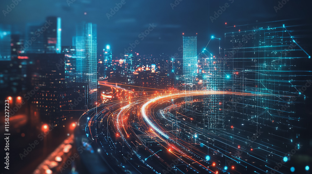 Smart digital Innovation city with connection network reciprocity over the cityscape. of future smart wireless digital city and social media networking systems that connects people with in city Smart digital Innovation city with connection network reciprocity over the cityscape. of future smart wireless digital city and social media networking systems that connects people with in city