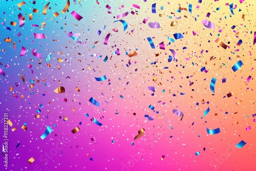 A vibrant mix of colorful glitter and confetti scattered across a bright gradient background, perfect for New Year's Eve posters, party invites, or pop art themes.. photo