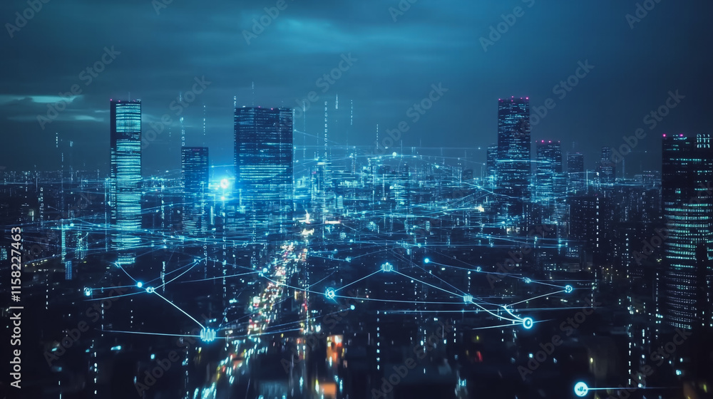 Smart digital Innovation city with connection network reciprocity over the cityscape. of future smart wireless digital city and social media networking systems that connects people with in city Smart digital Innovation city with connection network reciprocity over the cityscape. of future smart wireless digital city and social media networking systems that connects people with in city