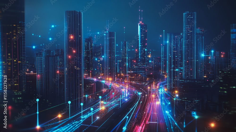 Smart digital Innovation city with connection network reciprocity over the cityscape. of future smart wireless digital city and social media networking systems that connects people with in city Smart digital Innovation city with connection network reciprocity over the cityscape. of future smart wireless digital city and social media networking systems that connects people with in city