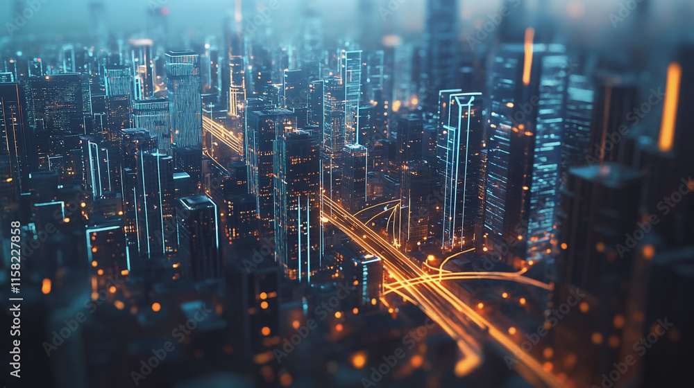 Obraz premium Smart digital Innovation city with connection network reciprocity over the cityscape. of future smart wireless digital city and social media networking systems that connects people with in city