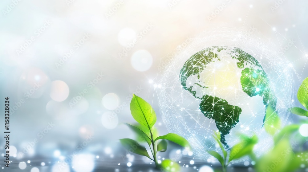Vibrant globe with green leaves and light effects. Vibrant globe with green leaves and light effects.