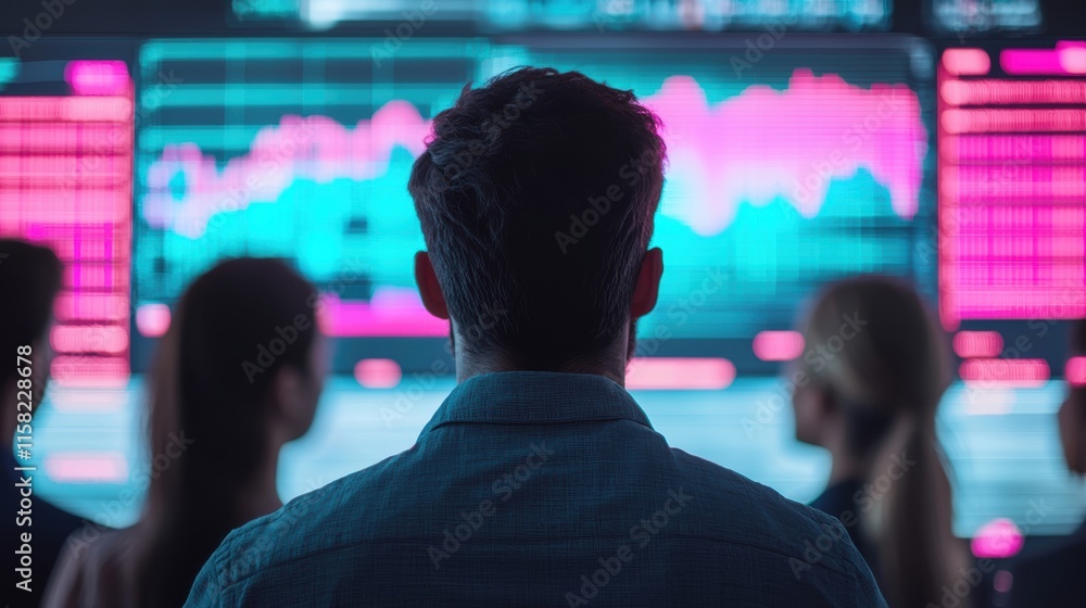 Business team analyzing big data on multiple screens in control room Business team analyzing big data on multiple screens in control room