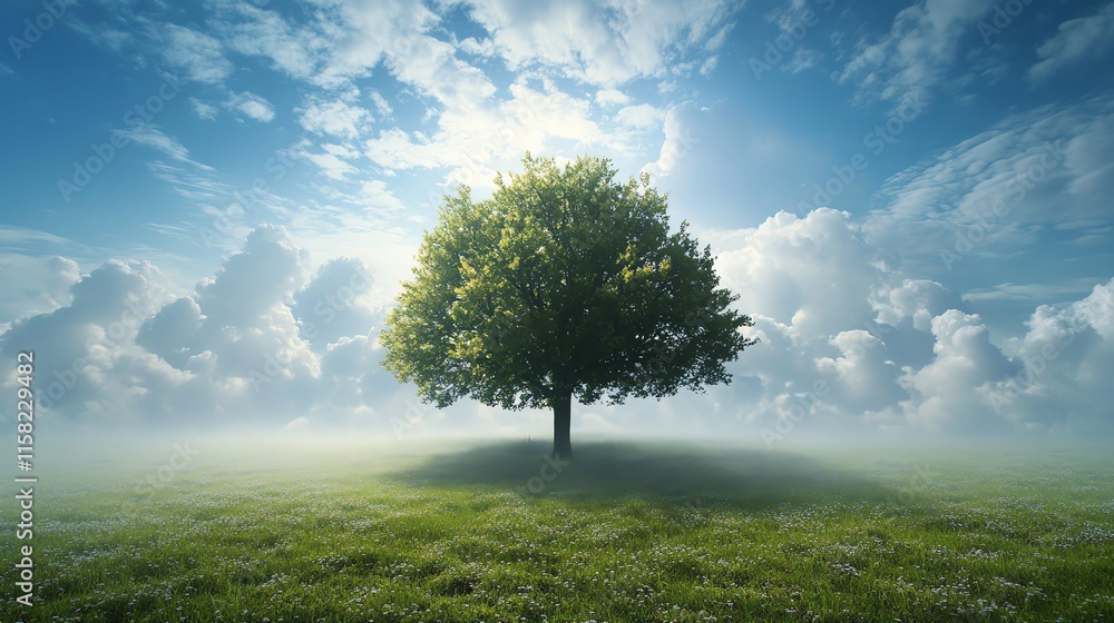 Obraz premium A solitary tree stands in a misty landscape under a bright sky with fluffy clouds.
