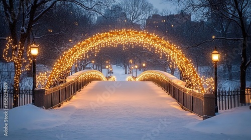 A photograph of an ornate bridge adorned with Christmas lights, arching over the snow-covered ground in Central Park during the winter night.  the warm lighting against the cool, snowy backdrop.