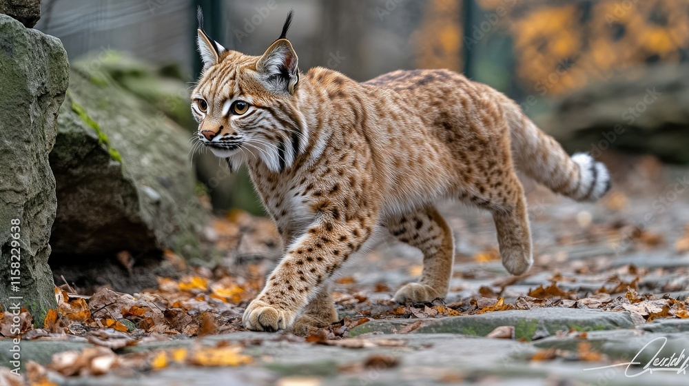 Obraz premium Bobcat walking on autumn leaves path.
