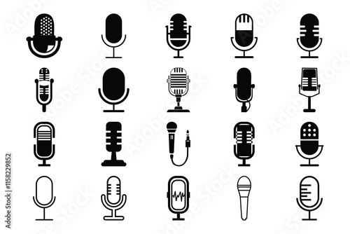  Set of Isolated Microphone Icon Vectors, Microphones design collection. Set of microphone icons. microphone logo design podcast with microphone logo.
