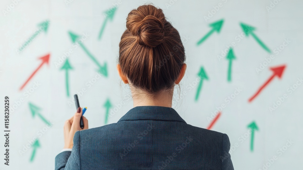 Businesswoman drawing solution paths on glass wall with markers, considering various strategies Businesswoman drawing solution paths on glass wall with markers, considering various strategies