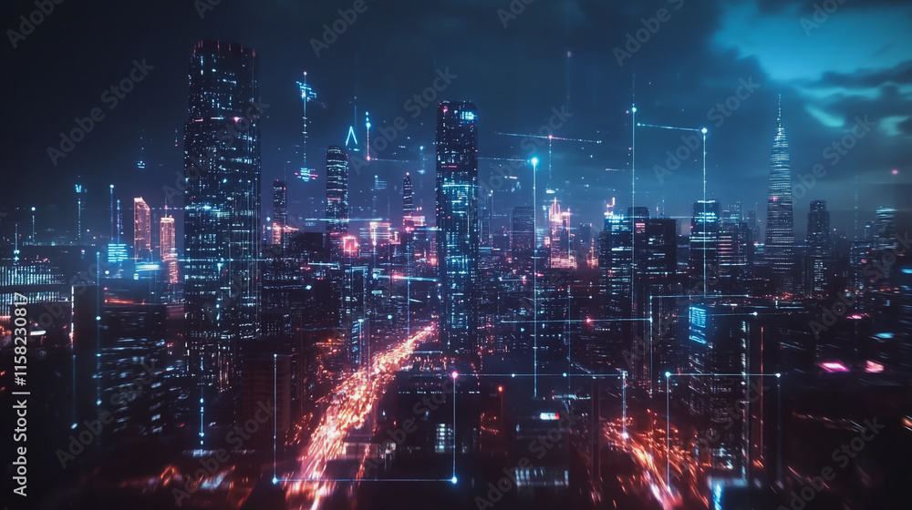 Smart Innovation city with connection cyber security network reciprocity over the night cityscape future wireless digital city and social media networking systems that connects people in the city Smart Innovation city with connection cyber security network reciprocity over the night cityscape future wireless digital city and social media networking systems that connects people in the city
