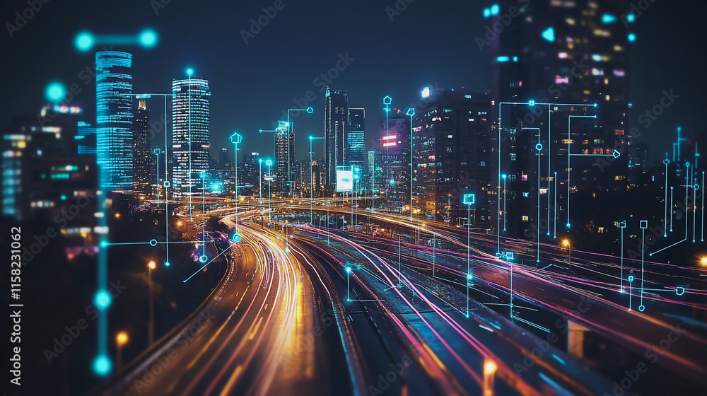 Smart Innovation city with connection cyber security network reciprocity over the night cityscape future wireless digital city and social media networking systems that connects people in the city Smart Innovation city with connection cyber security network reciprocity over the night cityscape future wireless digital city and social media networking systems that connects people in the city
