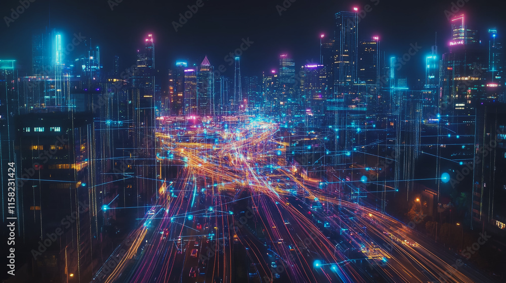 Smart Innovation city with connection cyber security network reciprocity over the night cityscape future wireless digital city and social media networking systems that connects people in the city