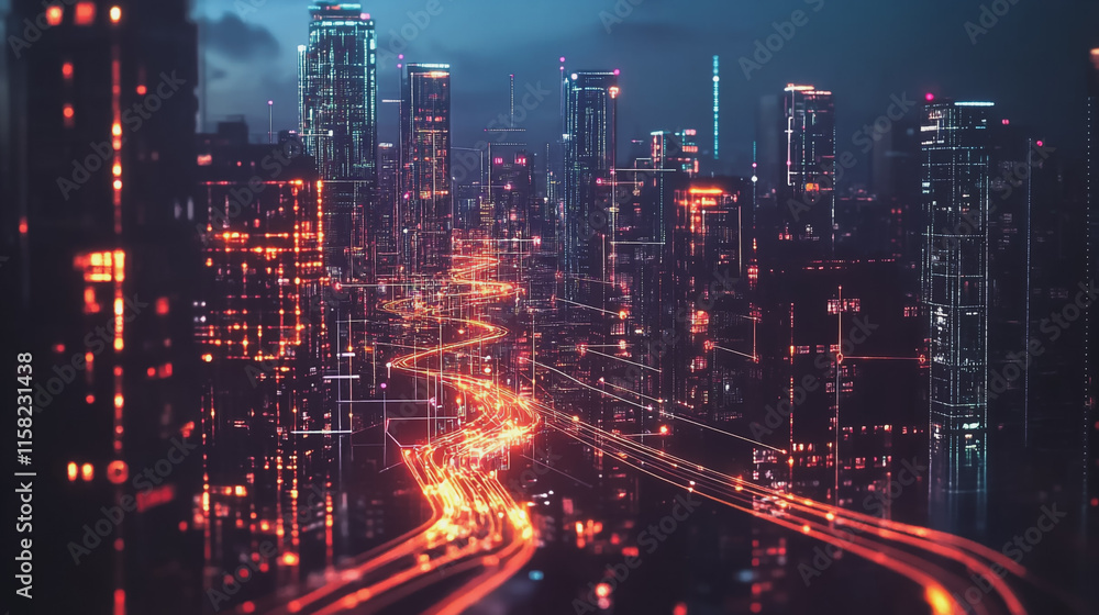 Smart Innovation city with connection cyber security network reciprocity over the night cityscape future wireless digital city and social media networking systems that connects people in the city Smart Innovation city with connection cyber security network reciprocity over the night cityscape future wireless digital city and social media networking systems that connects people in the city