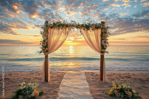 Obraz na płótnie A tranquil beach wedding backdrop featuring gentle waves and a romantic sunset, ideal for dreamy photography and coastal wedding invitations.. w salonie