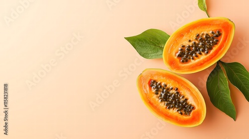 Half-cut papaya with vibrant orange flesh and seeds, set on a natural-toned background, ample space for advertising, balanced composition, photo