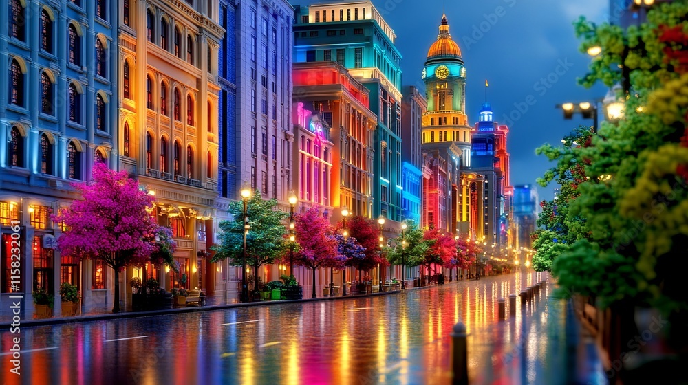 Naklejka premium Vibrant City Scene with Soft Focus and Lights