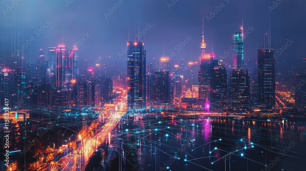 Smart Innovation city with connection cyber security network reciprocity over the night cityscape future wireless digital city and social media networking systems that connects people in the city Smart Innovation city with connection cyber security network reciprocity over the night cityscape future wireless digital city and social media networking systems that connects people in the city
