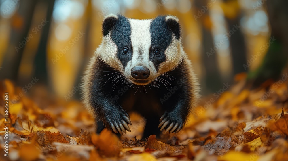 European badger walking through autumn leaves. European badger walking through autumn leaves.