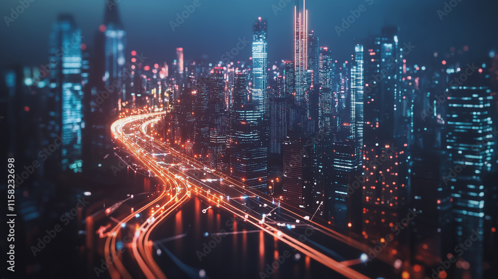 Smart Innovation city with connection cyber security network reciprocity over the night cityscape future wireless digital city and social media networking systems that connects people in the city Smart Innovation city with connection cyber security network reciprocity over the night cityscape future wireless digital city and social media networking systems that connects people in the city