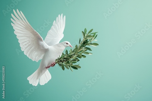 A graceful white dove with wings wide open, carrying an olive branch in its beak, soaring against a blue background with copy space for text.. photo