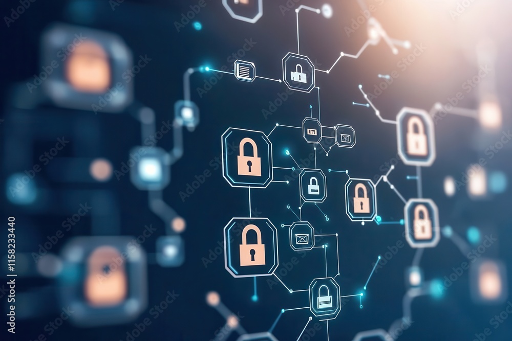 Fototapeta premium A digital network illustration featuring interconnected locks, symbolizing cybersecurity and data protection.