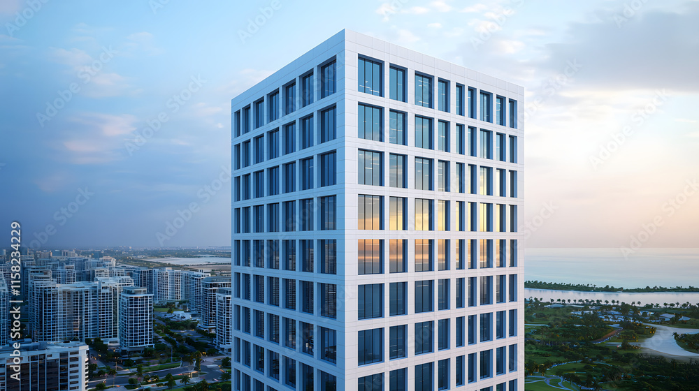 Fototapeta premium Modern skyscraper design and construction urban landscape architectural photography coastal city aerial view urban development