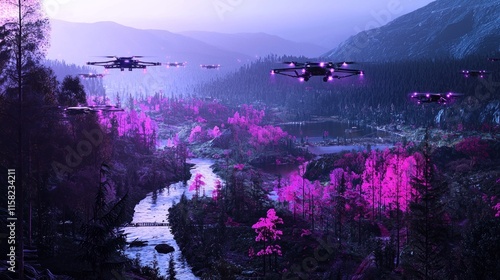 A futuristic landscape with drones hovering over a vibrant, purple-toned forest and river. photo