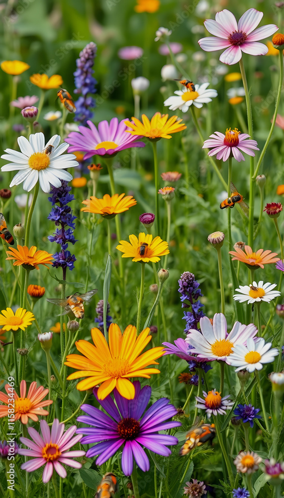 Fototapeta premium Colorful meadow and garden flowers with insects, transparent background, masterpiece, with white tones