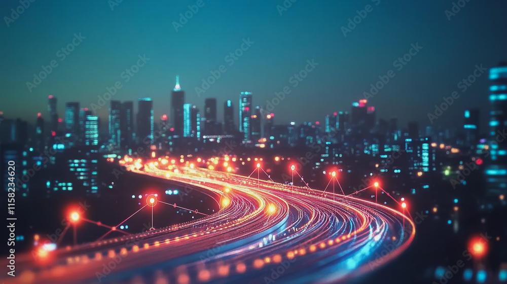 Fototapeta premium Smart Innovation city with connection cyber security network reciprocity over the night cityscape future wireless digital city and social media networking systems that connects people in the city