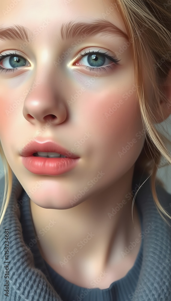 Beautiful young girl with natural nude make-up. Beauty face, minimalism, with white tones Beautiful young girl with natural nude make-up. Beauty face, minimalism, with white tones