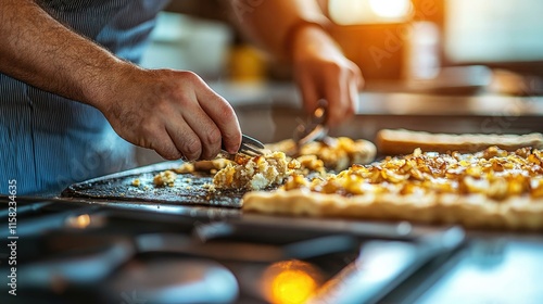 Close-up of chef's hands preparing a savory pastry, adding toppings to the crust.