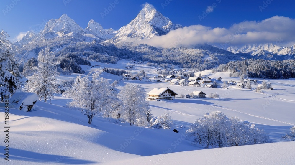 Fototapeta premium A serene winter landscape featuring snow-covered mountains and quaint houses.