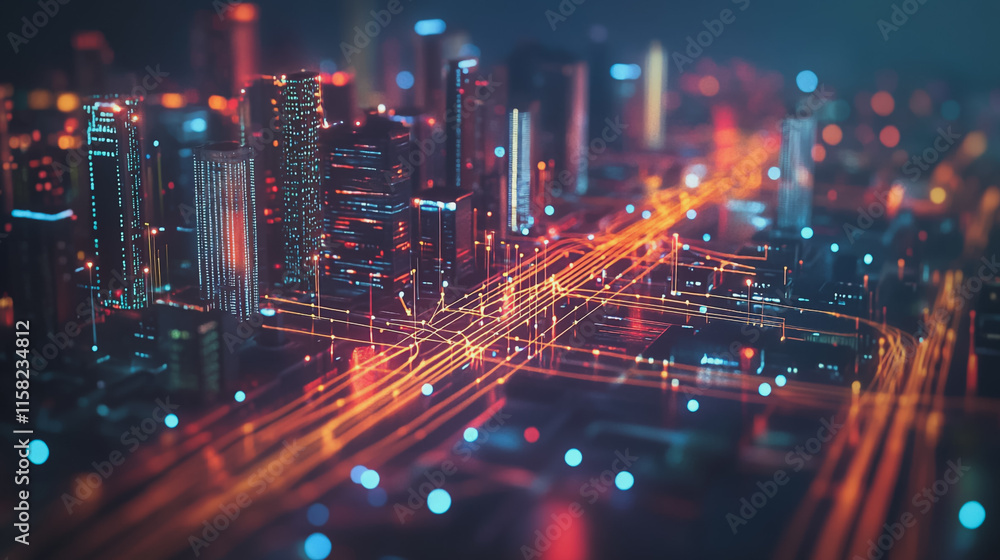 Smart Innovation city with connection cyber security network reciprocity over the night cityscape future wireless digital city and social media networking systems that connects people in the city Smart Innovation city with connection cyber security network reciprocity over the night cityscape future wireless digital city and social media networking systems that connects people in the city