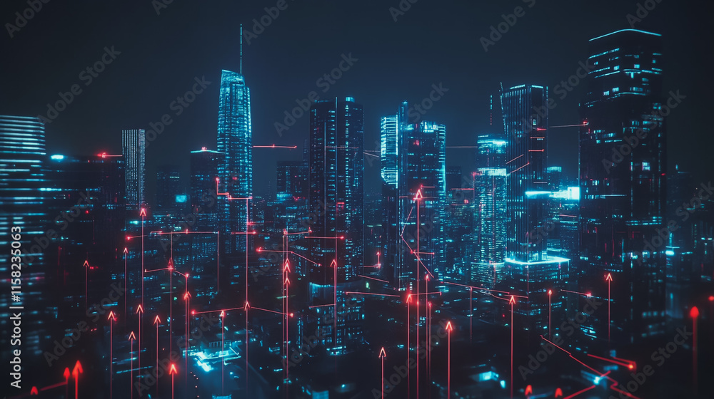 Smart Innovation city with connection cyber security network reciprocity over the night cityscape future wireless digital city and social media networking systems that connects people in the city Smart Innovation city with connection cyber security network reciprocity over the night cityscape future wireless digital city and social media networking systems that connects people in the city