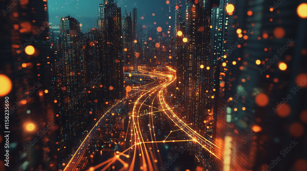 Smart Innovation city with connection cyber security network reciprocity over the night cityscape future wireless digital city and social media networking systems that connects people in the city Smart Innovation city with connection cyber security network reciprocity over the night cityscape future wireless digital city and social media networking systems that connects people in the city