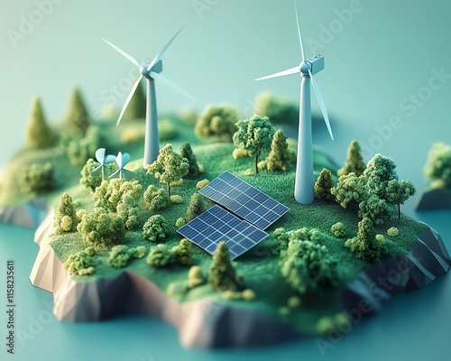 Alternative energy systems, solar panels and wind turbines, ecofriendly landscape, sustainable power generation, green technology, clean energy revolution, AIgenerated visual photo