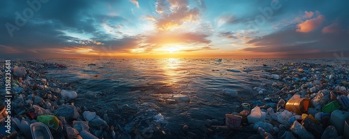 Concept of a plastic world, Earth covered in garbage, pollution everywhere, plastic waste piling up, contaminated oceans, choking wildlife, environmental crisis, dystopian future