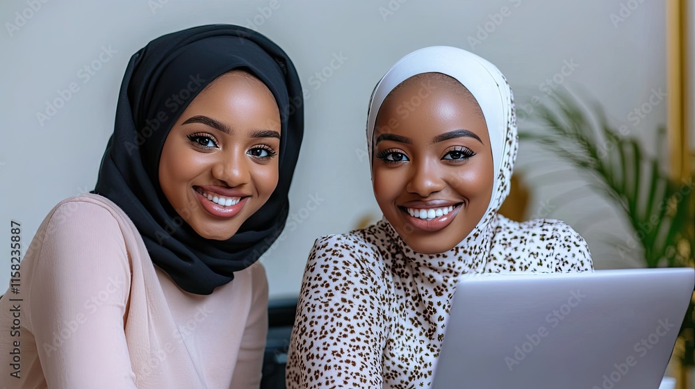 Smiling businesswomen working together on laptop in office Smiling businesswomen working together on laptop in office