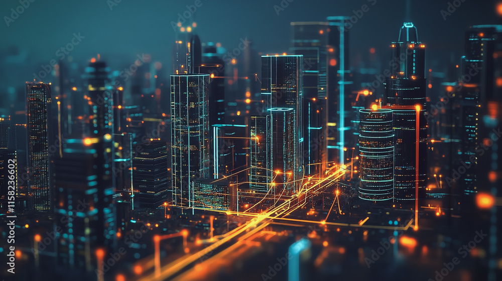 Smart Innovation city with connection cyber security network reciprocity over the night cityscape future wireless digital city and social media networking systems that connects people in the city Smart Innovation city with connection cyber security network reciprocity over the night cityscape future wireless digital city and social media networking systems that connects people in the city