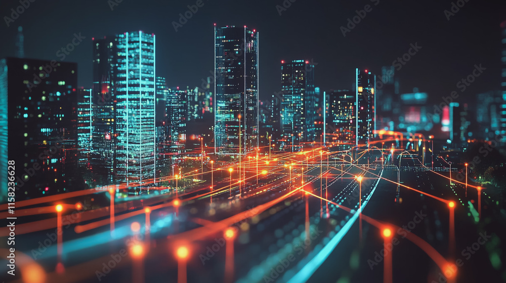 Smart Innovation city with connection cyber security network reciprocity over the night cityscape future wireless digital city and social media networking systems that connects people in the city Smart Innovation city with connection cyber security network reciprocity over the night cityscape future wireless digital city and social media networking systems that connects people in the city