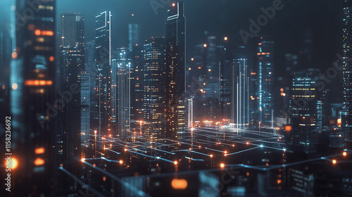 Wallpaper Mural Smart Innovation city with connection cyber security network reciprocity over the night cityscape future wireless digital city and social media networking systems that connects people in the city Torontodigital.ca