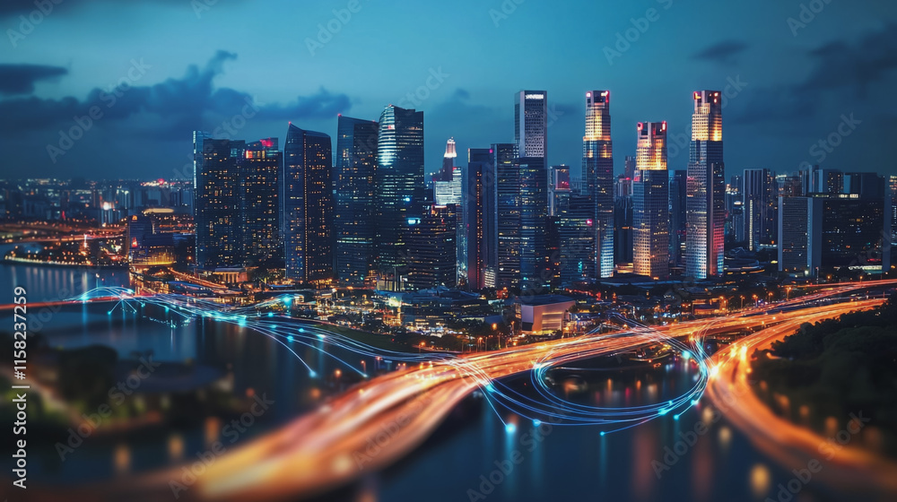 Fototapeta premium Smart Innovation city with connection cyber security network reciprocity over the cityscape . future wireless digital city and social media networking systems that connects people with in the city